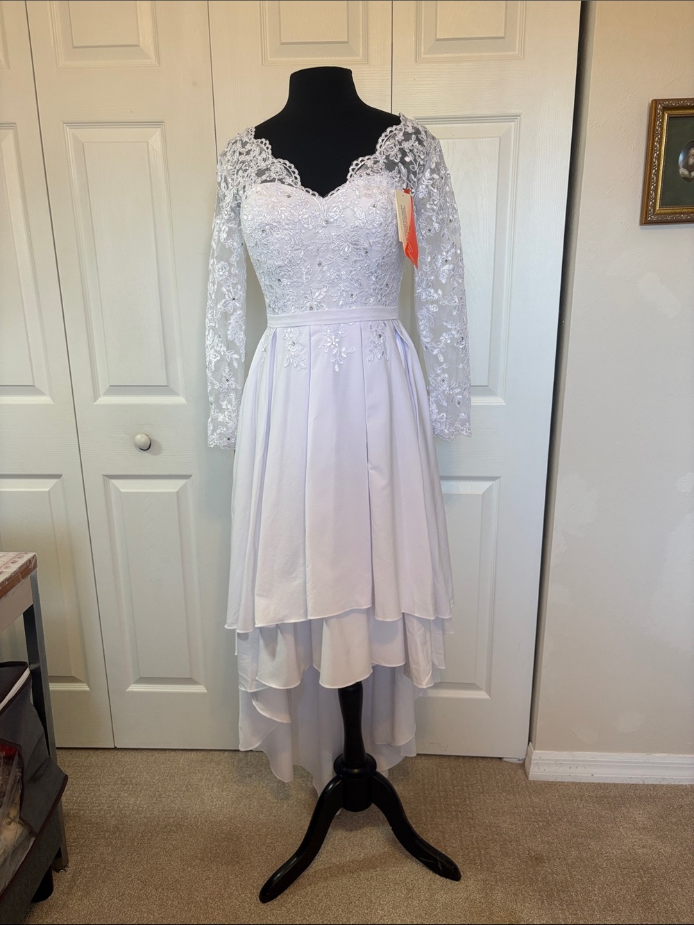 NWT Lace & Sequined High-Low Wedding Gown w/ Long Sleeves – US Bridal 10/12